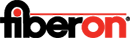 A red and black logo for fiberon on a white background.