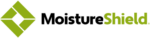 A logo for moisture shield with a green diamond on a white background.