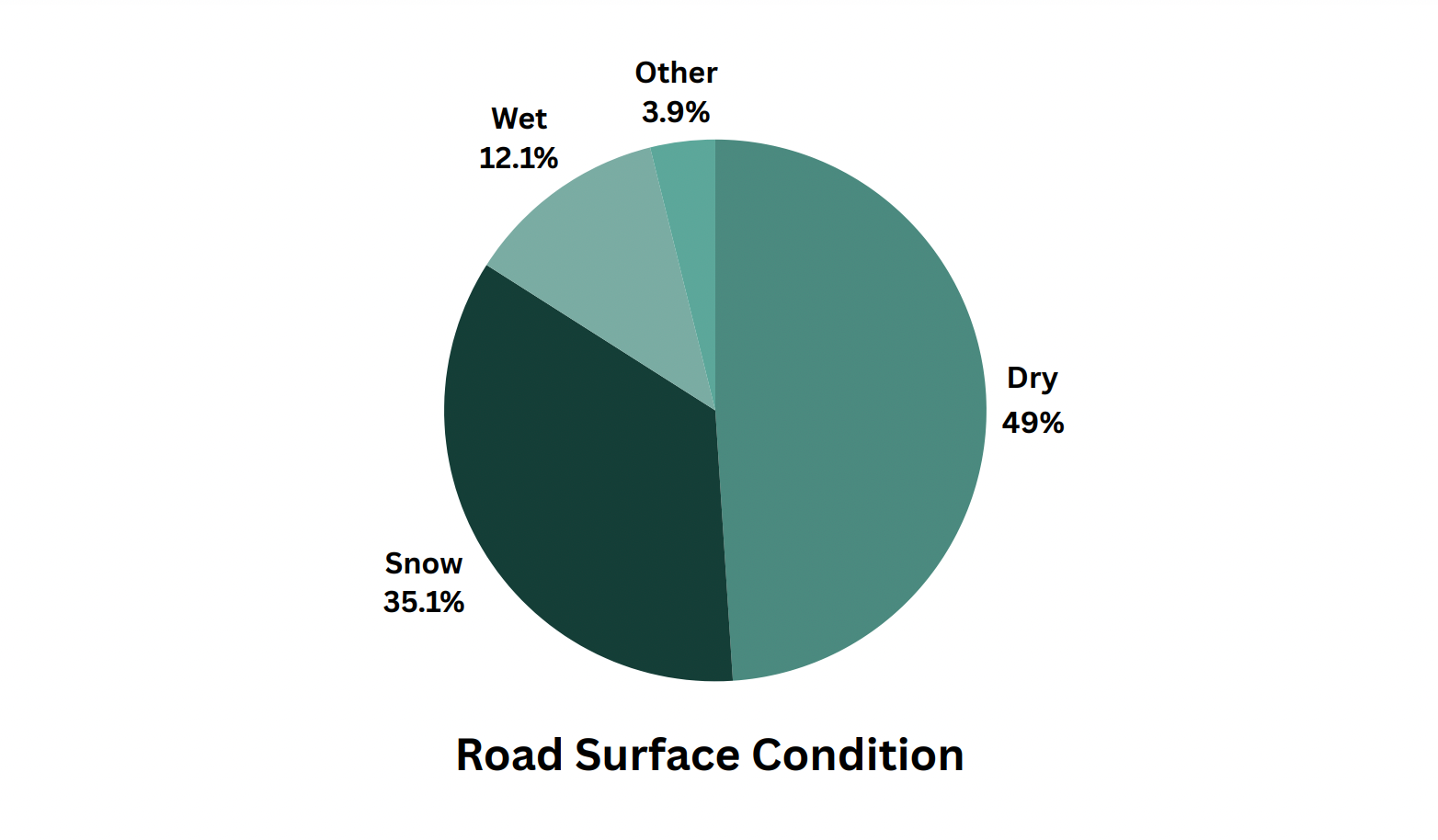 Pie chart of road surface condition: Dry 49%, Snow 35.3%, Wet 12.1%, Other 3.6%