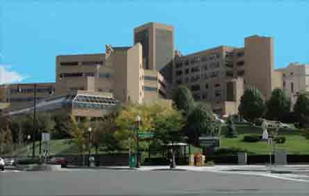 Hospital building, tan exterior, with trees and a sign in front. Clear blue sky.