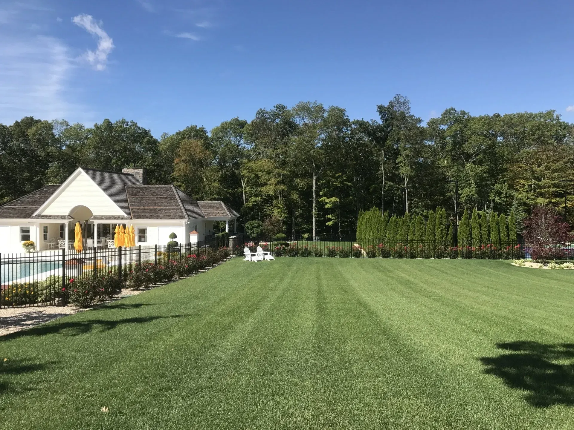 A large lawn in front of a house with a pool
