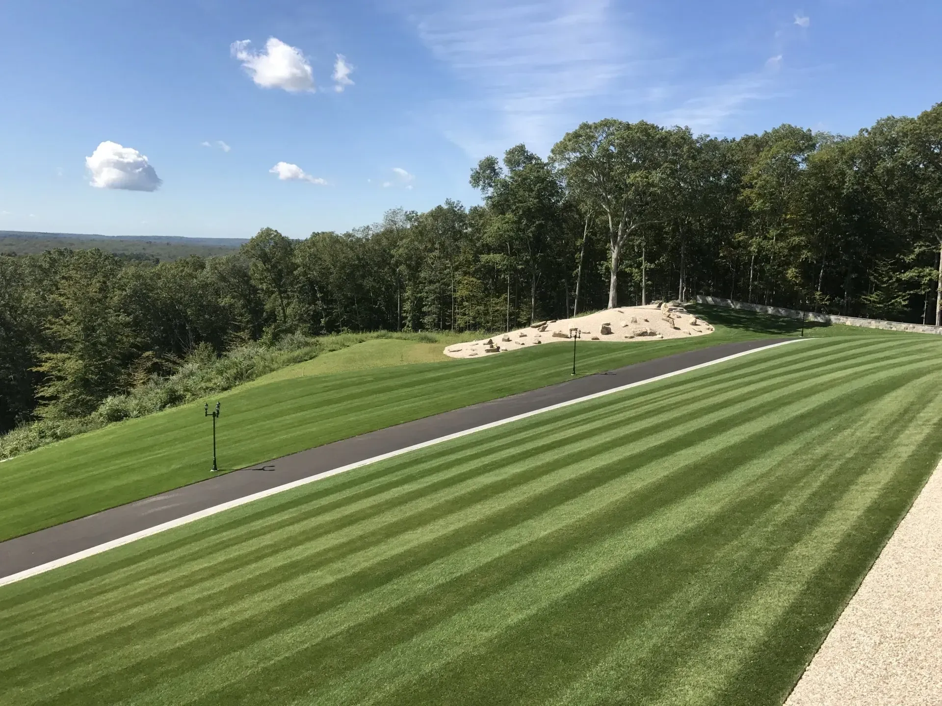 A large lawn with a road going through it and trees in the background.