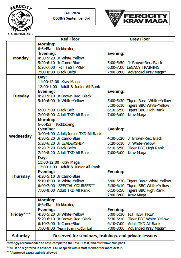 Entry Level Classes Schedule 2024