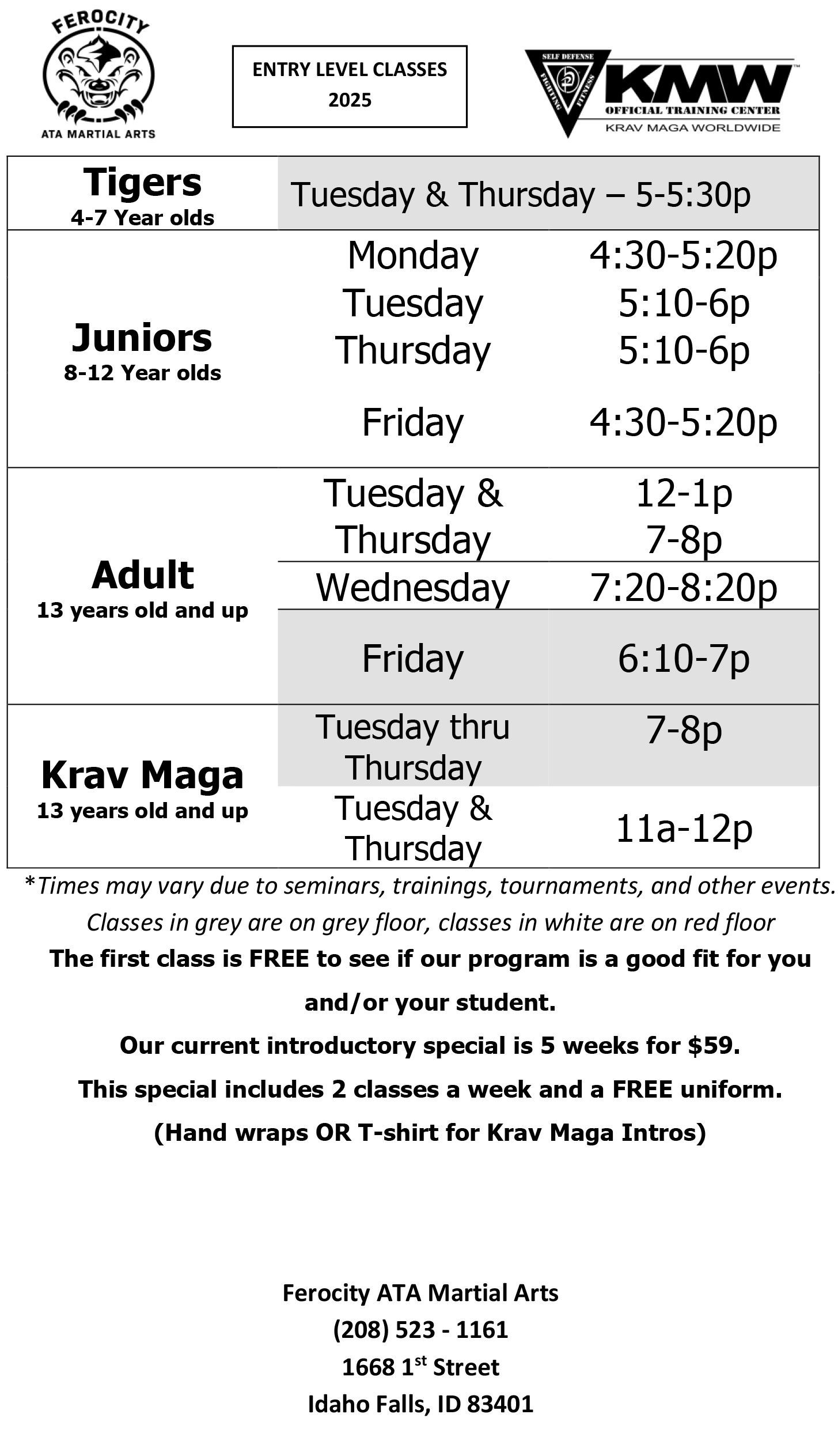 Entry Level Classes Schedule for Summer 2025