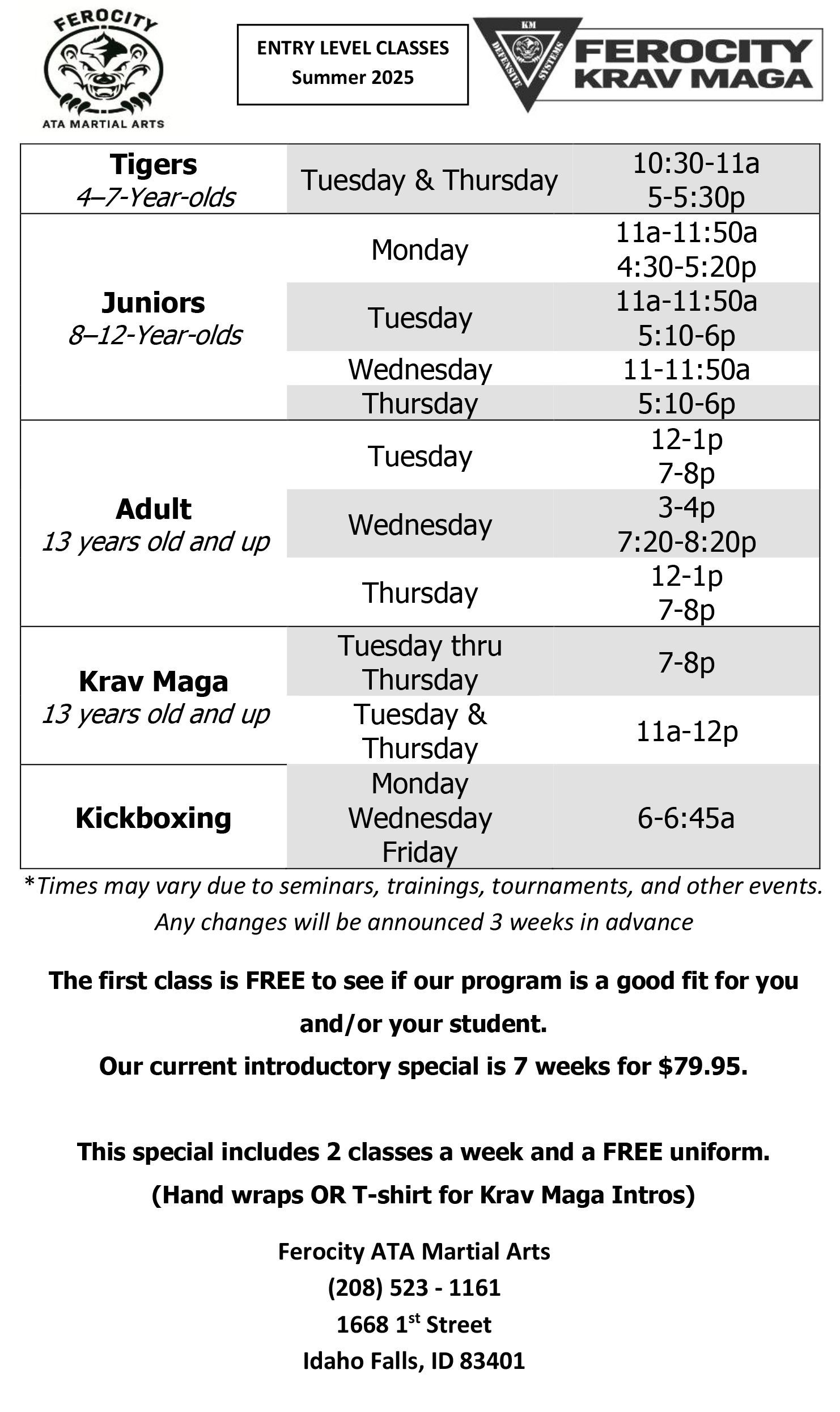 Entry Level Classes Schedule for Summer 2025