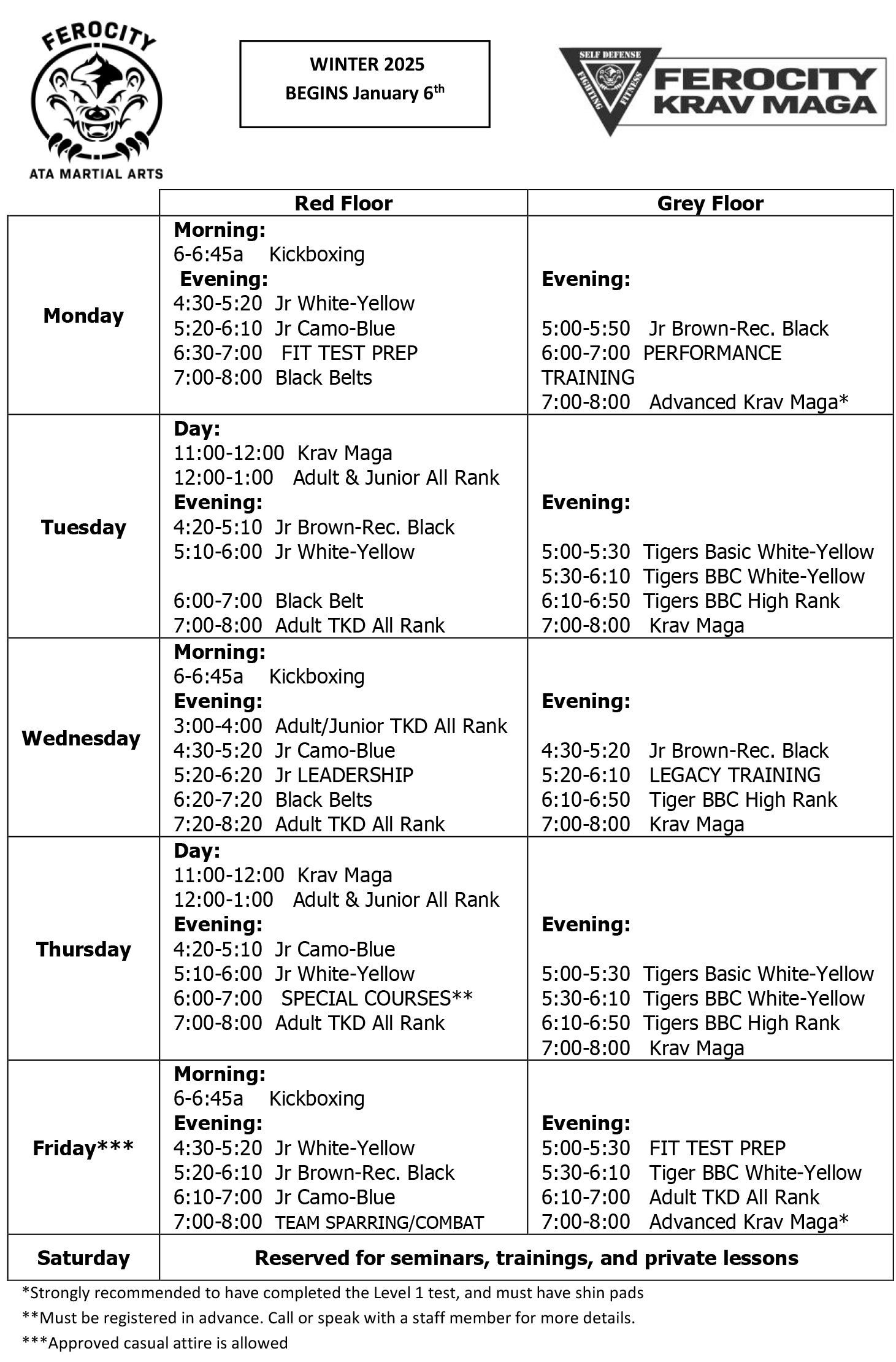 Classes schedule for Winter 2025