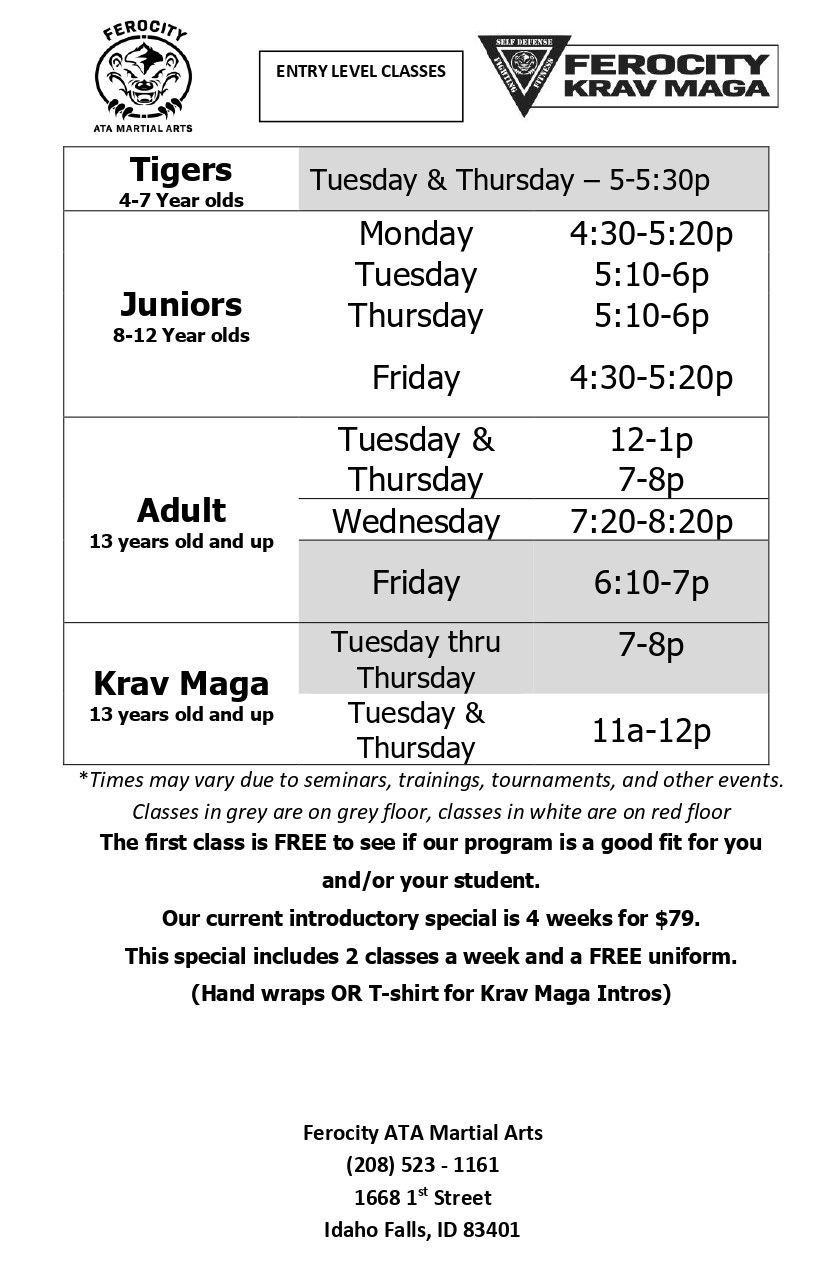 Ferocity Karate Maine entry-level class schedule flyer with tiger logo and weekly times for  Juniors, Adults, and Krav Maga.