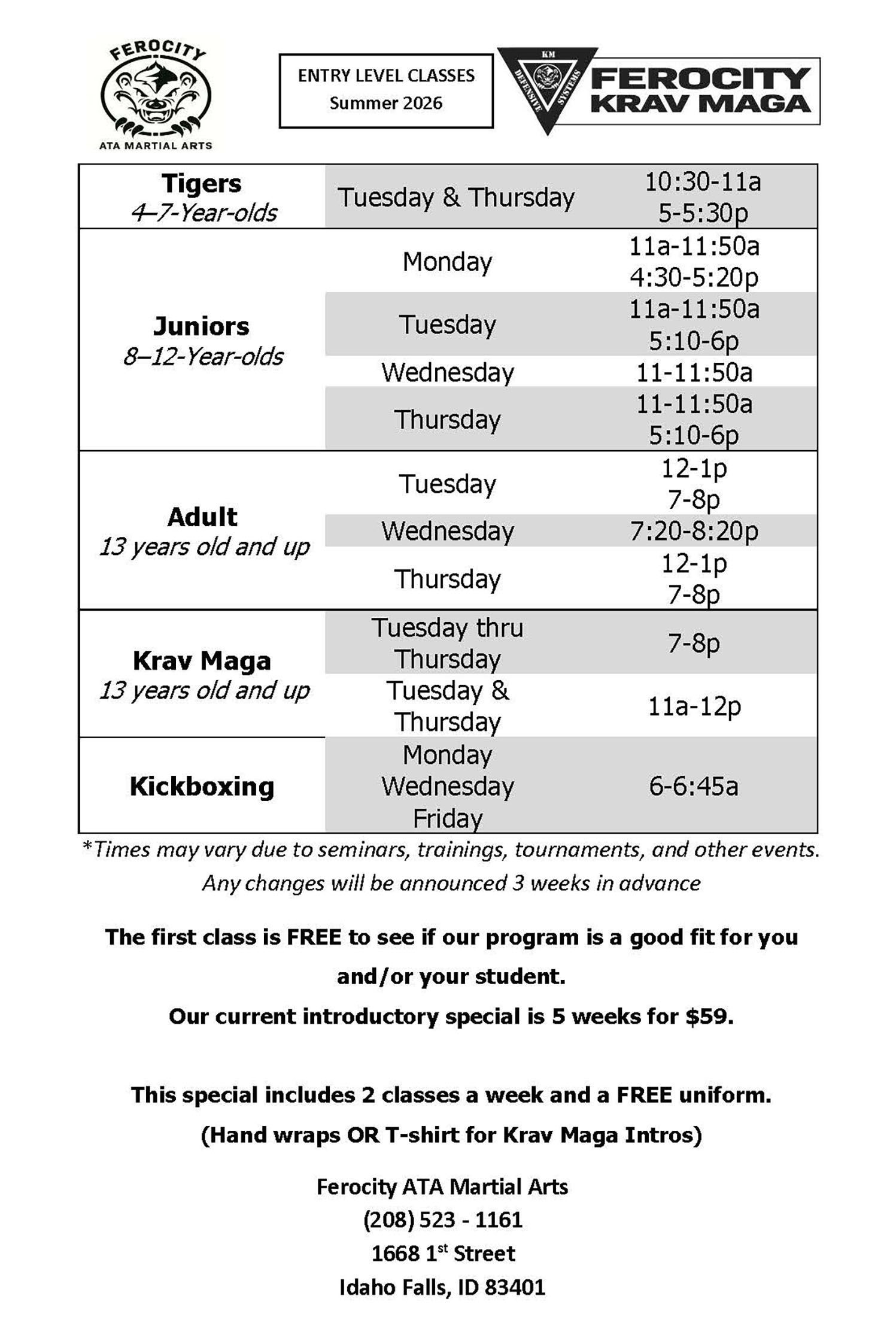 Ferocity Karate Maine class schedule flyer with tiger logo and weekly times for Tigers, Juniors, Adults, Kids and Krav Maga.