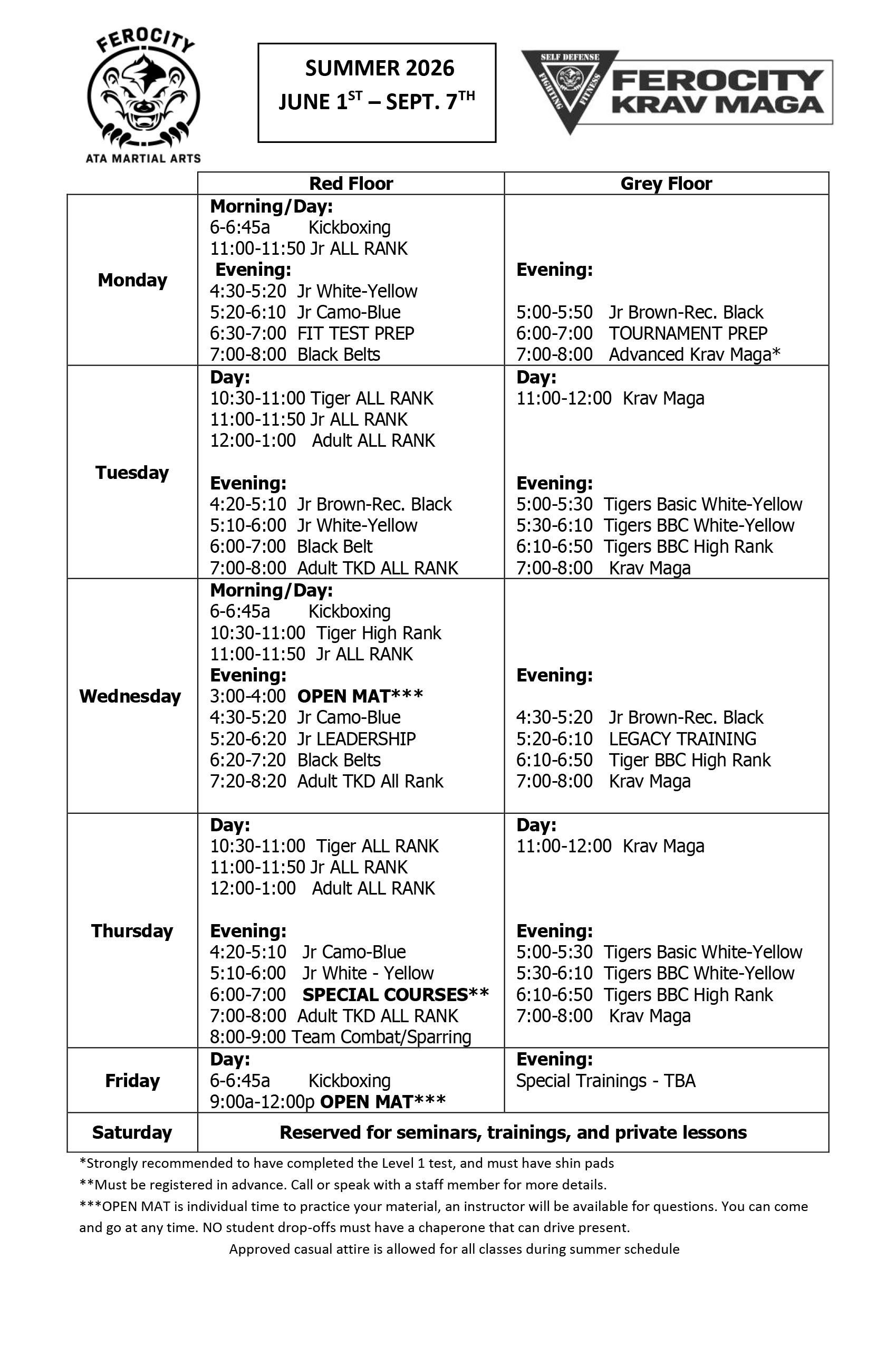 Weekly camp schedule poster with black-and-white logos and a table of activities by day and time.