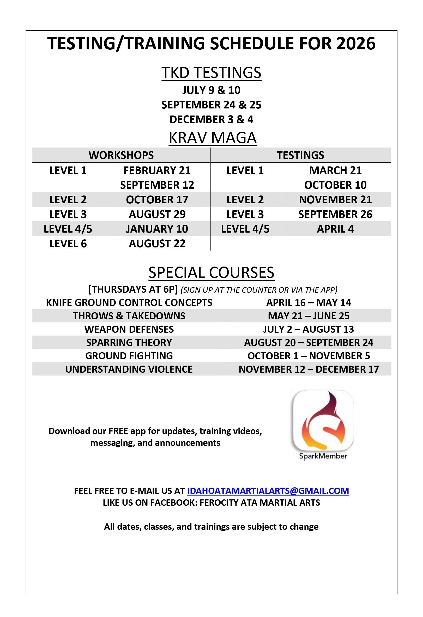 2026 testing/training schedule flyer with exam dates, class levels, and special courses in black text on white.