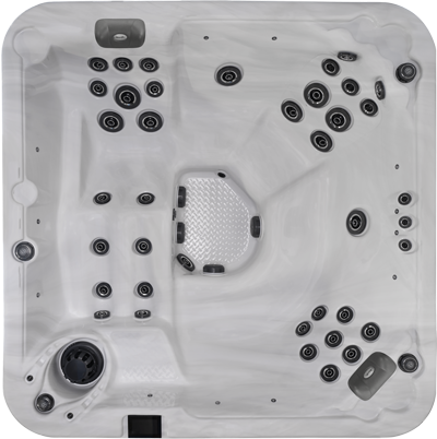 Top-down view of a white hot tub with multiple black jets and gray headrests