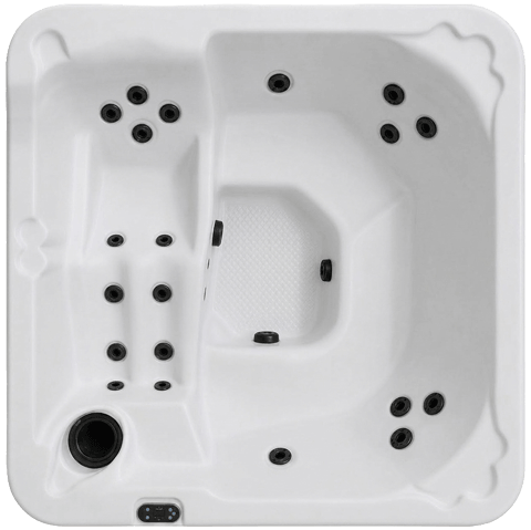 White hot tub seen from above with multiple black jets and a built-in seat