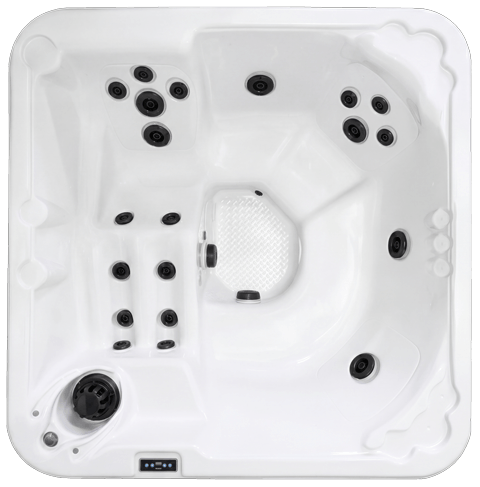 White square hot tub with black jets and a control panel, viewed from above