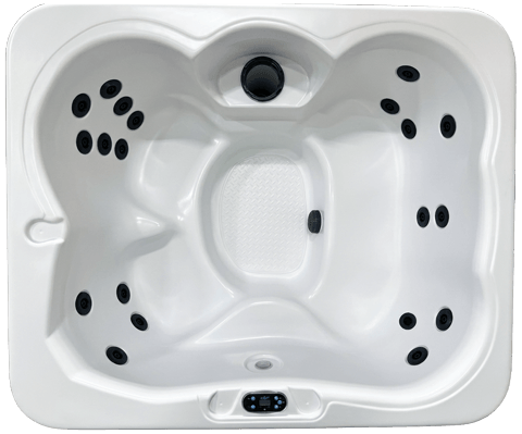 White corner spa bathtub with black jets and built-in controls, viewed from above