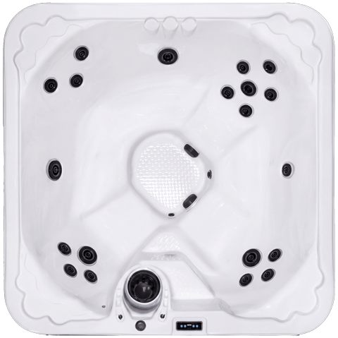 Top-down view of a white hot tub with multiple black jets and headrests
