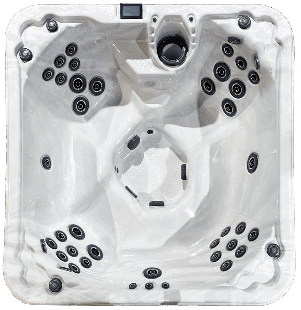 Top-down view of a white hot tub with multiple black jets and headrests