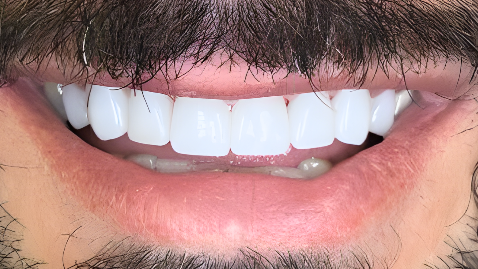 A close-up of a person smiling, showcasing bright, straight, white upper teeth.