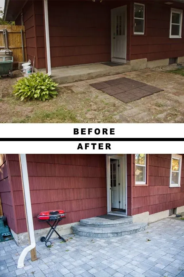 Before and after comparison of a home entrance renovation with new stone patio pavers and curved front steps.