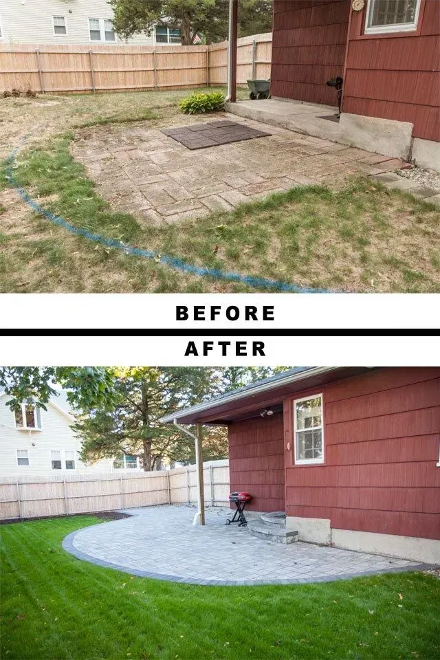 Before and after photos of a residential backyard showing a renovated patio with new stone pavers and lush green grass.