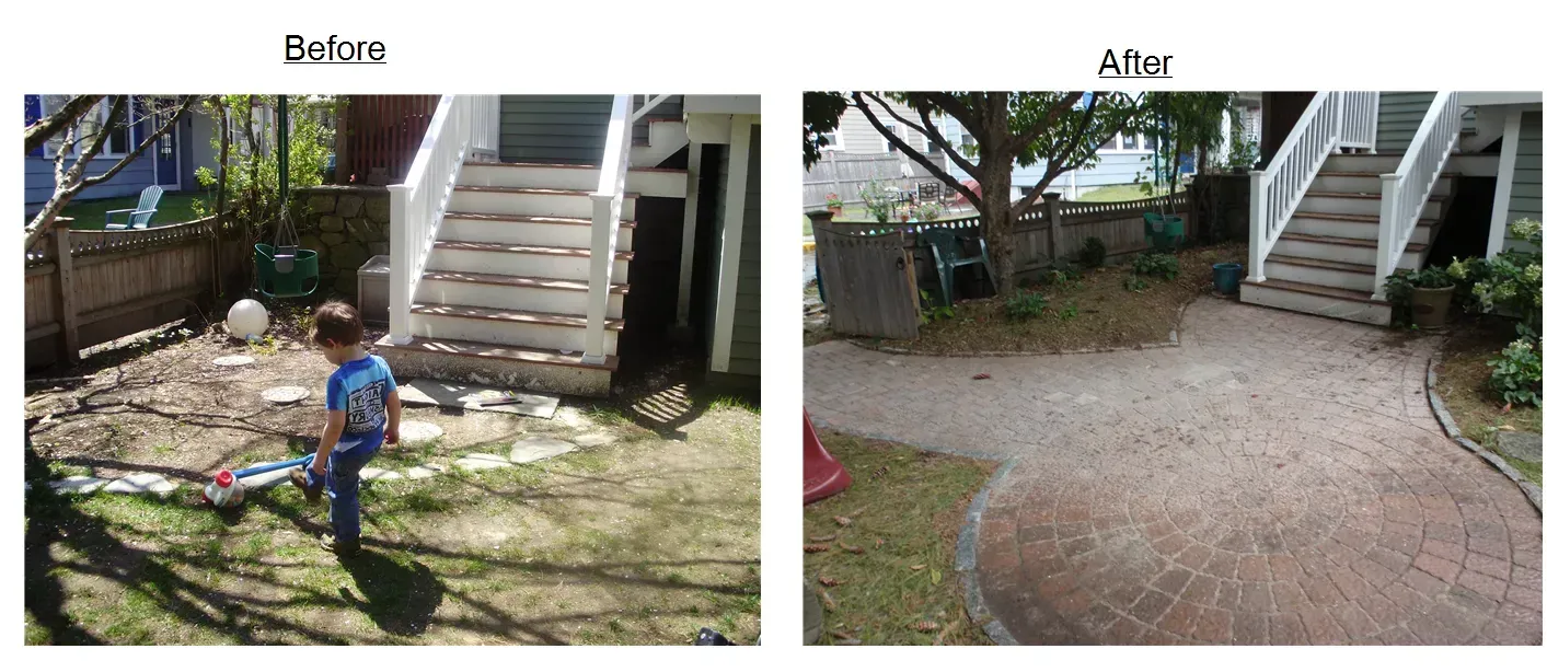 Before and after photos of a backyard area, showing the installation of a paved stone patio leading to wooden stairs.