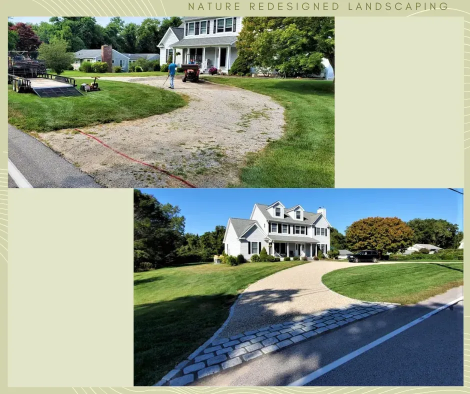 Before and after comparison of a dirt driveway being replaced with a new paved surface and stone apron.
