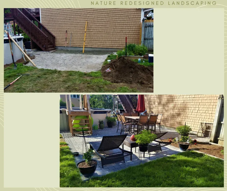 Before and after photos of a landscaping project showing a gravel base transformed into a patio with furniture.