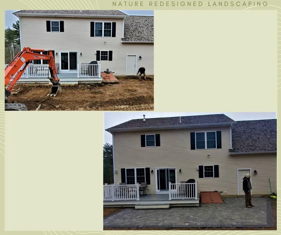 Before and after comparison of a house exterior showing landscaping work, from bare soil with equipment to a paved patio.