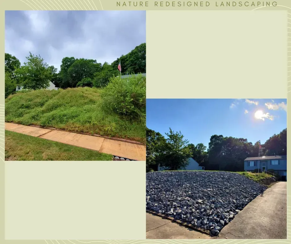 A before and after view of a landscaping project showing a grassy hillside converted to a rock garden.