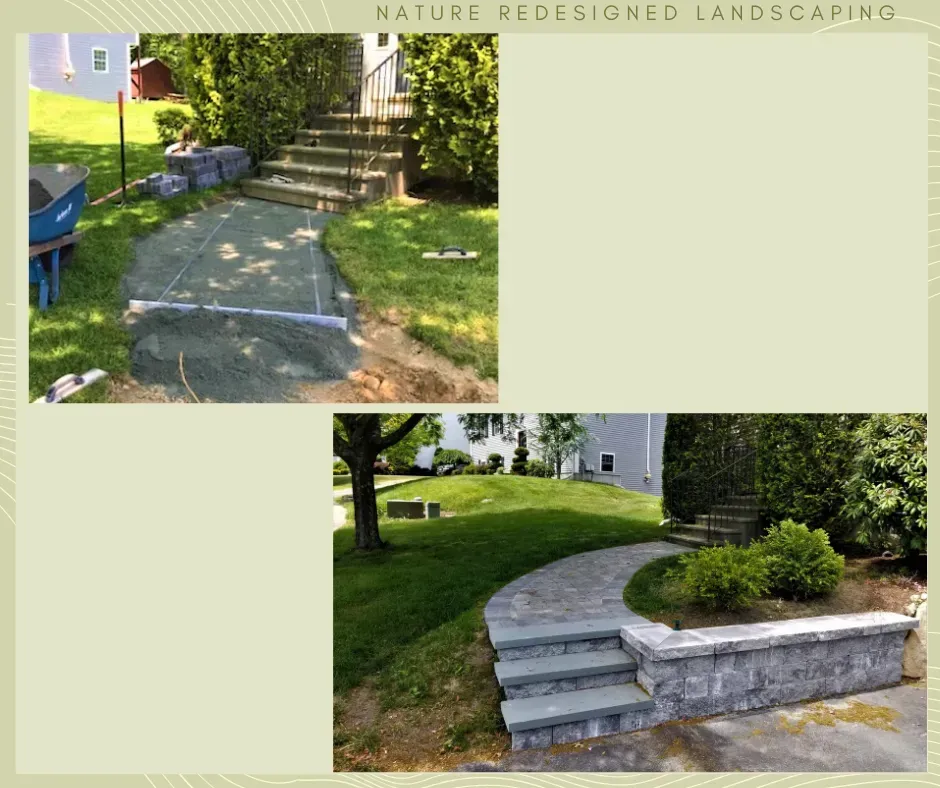 Before and after of a landscape project showing a stone pathway and wall being constructed in a grassy yard.