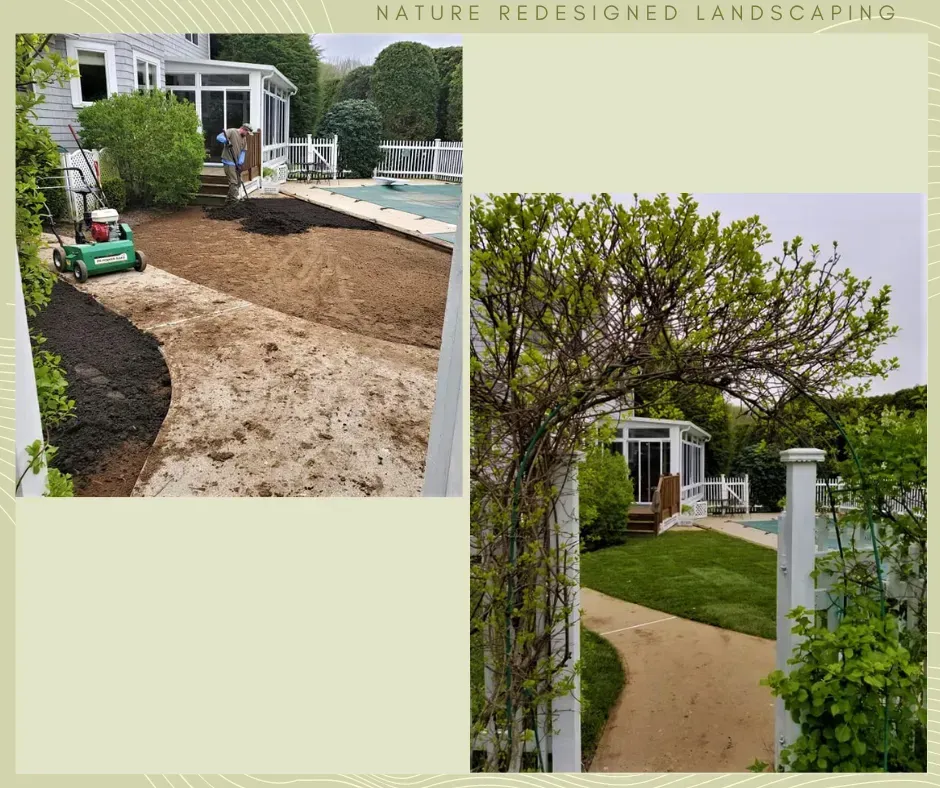 Before-and-after comparison of a backyard landscaping project featuring a new lawn and walkway near a pool.