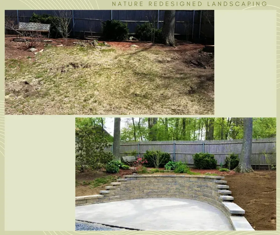 Before-and-after photos of a yard transformation featuring a new stone retaining wall and patio set against a wood fence.