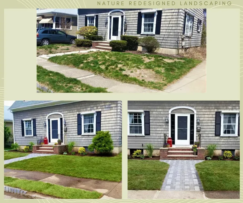 Before and after photos of a front yard landscape redesign featuring a new stone paver walkway leading to a house entrance.