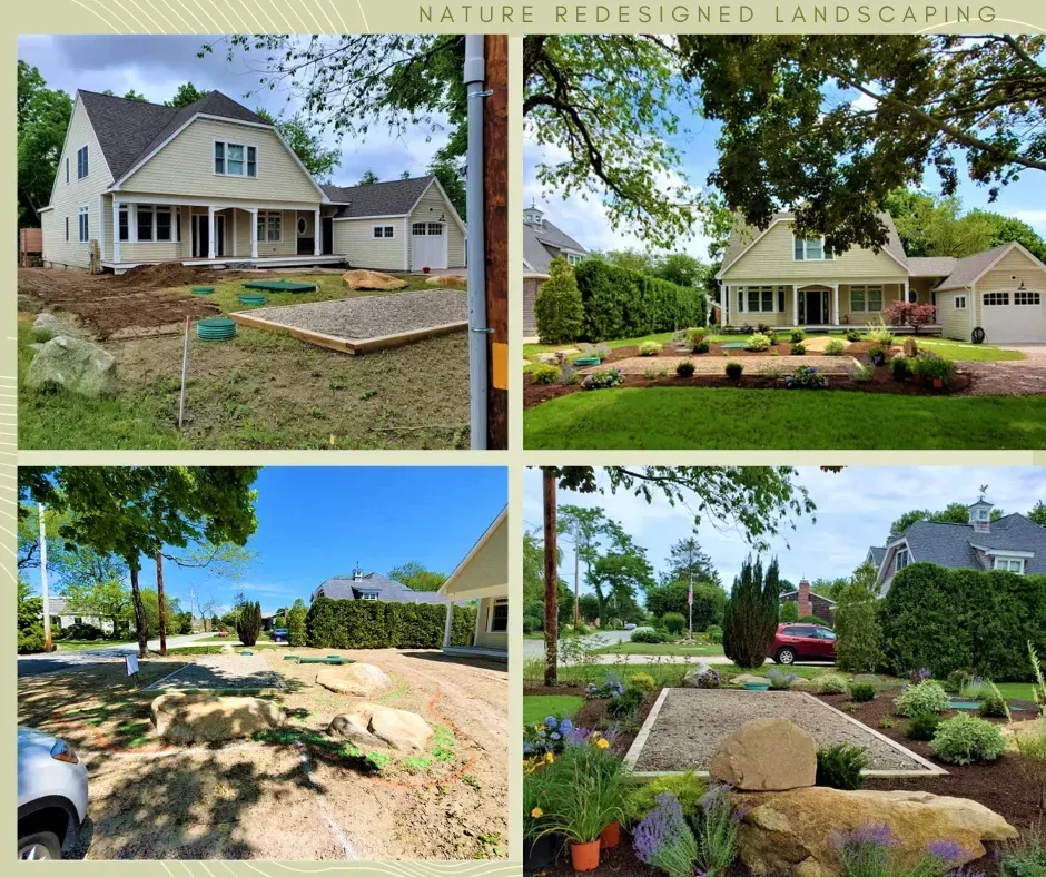 Before and after photos of a residential landscaping project featuring a new garden bed, stone accents, and plantings.
