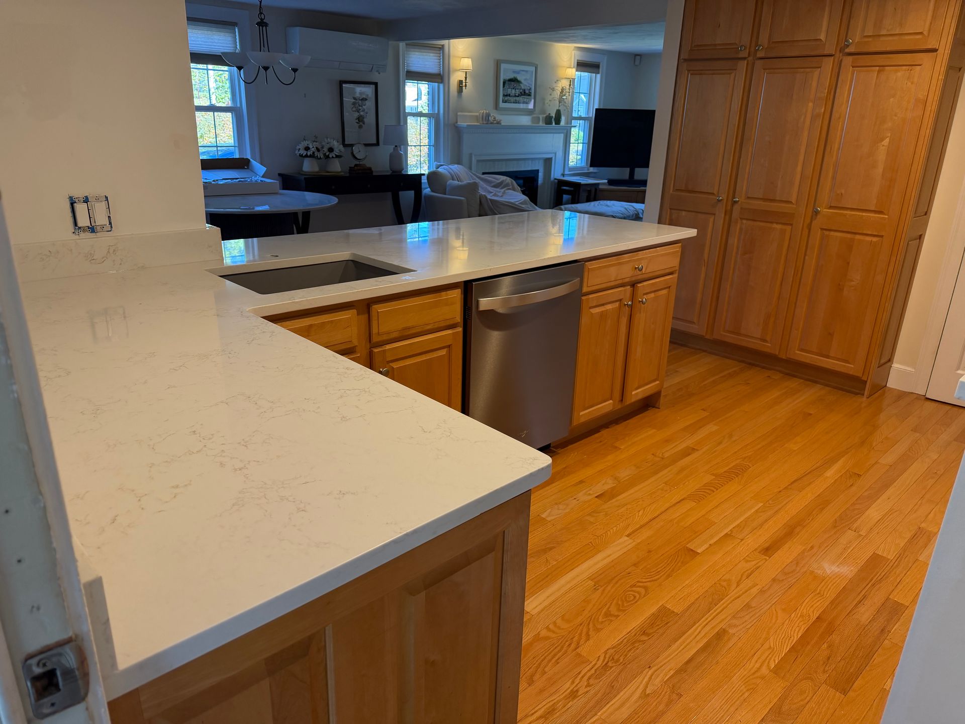 Modern kitchen with white counters, wood cabinets, stainless dishwasher, and hardwood floors