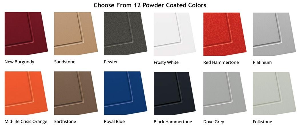 Color swatches labeled “Choose From 12 Powder Coated Colors” showing assorted metal finish options