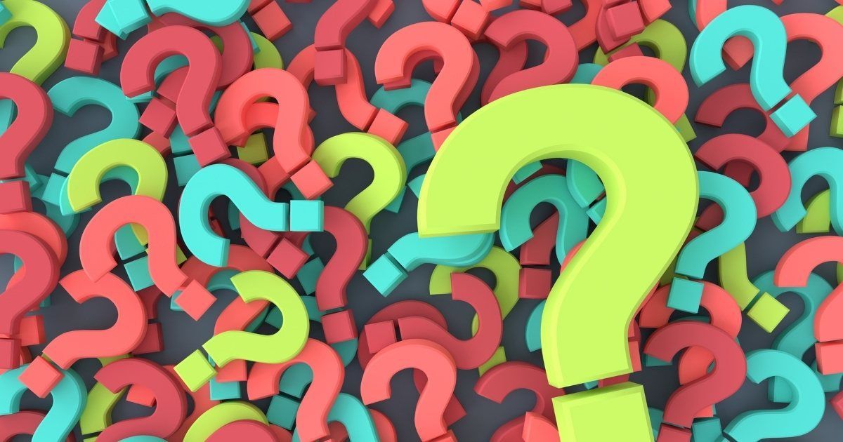 Colorful 3D question marks scattered across the frame, with a large lime green question mark in front.