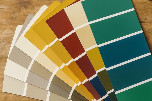 Fan of color swatches on a wooden surface, showing beige, yellow, red, green, and teal samples.