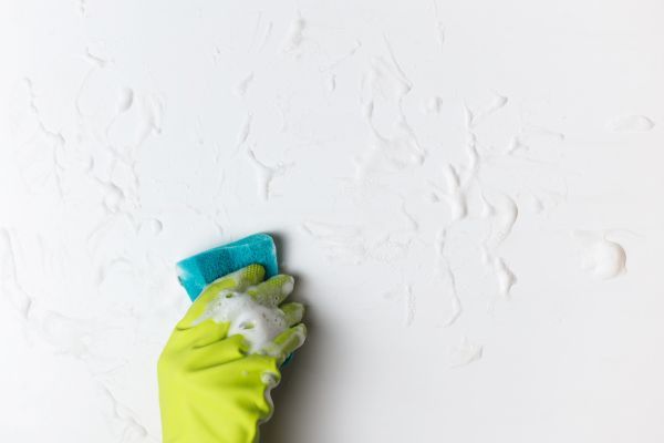 Gloved hand holding a sponge, cleaning a white textured wall