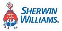 Sherwin-Williams logo with a red paint can pouring onto a blue globe, and blue brand name text.