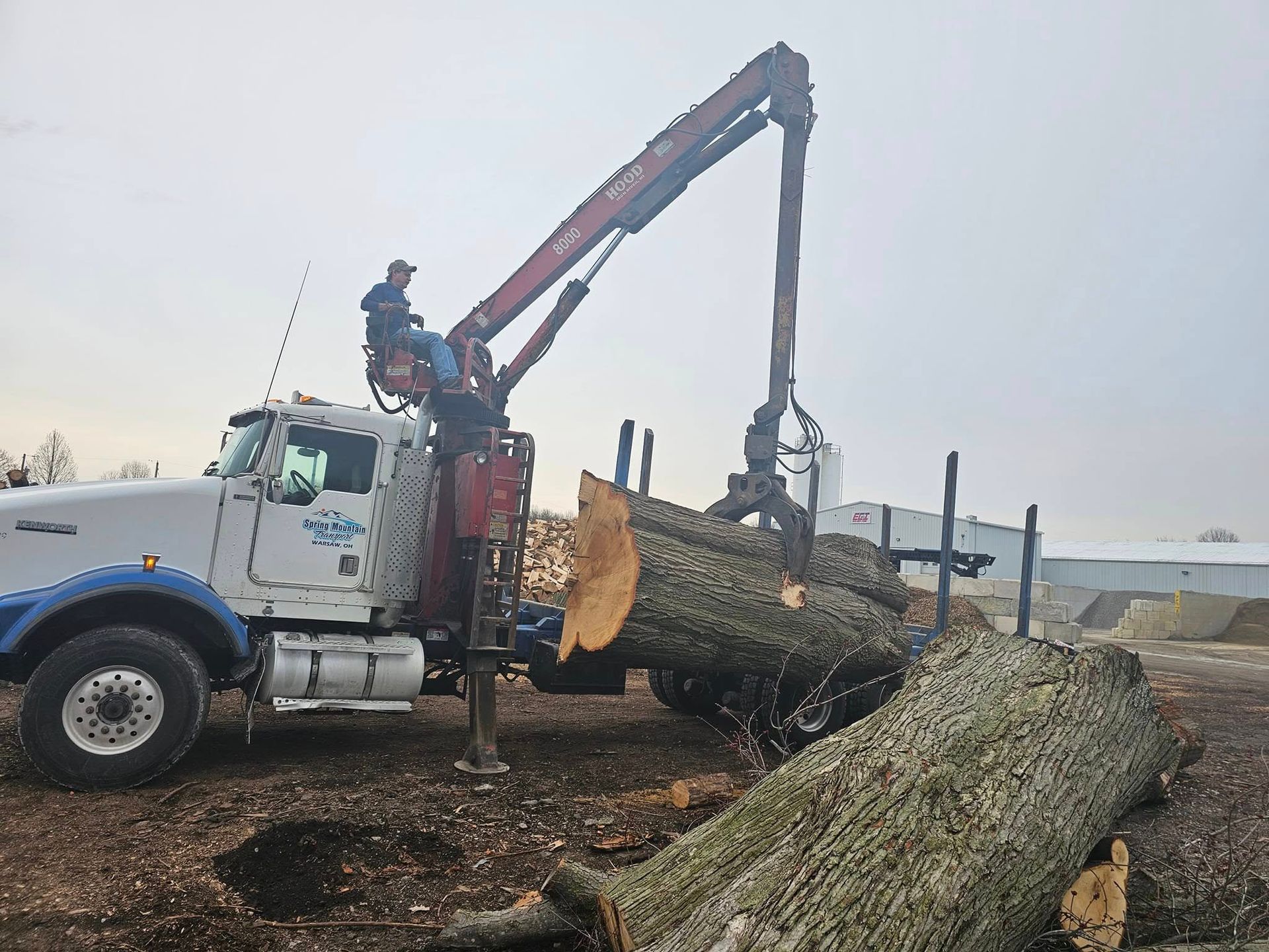 A logger operates a crane mounted on a white truck to lift and load large timber logs in an outdoor yard.