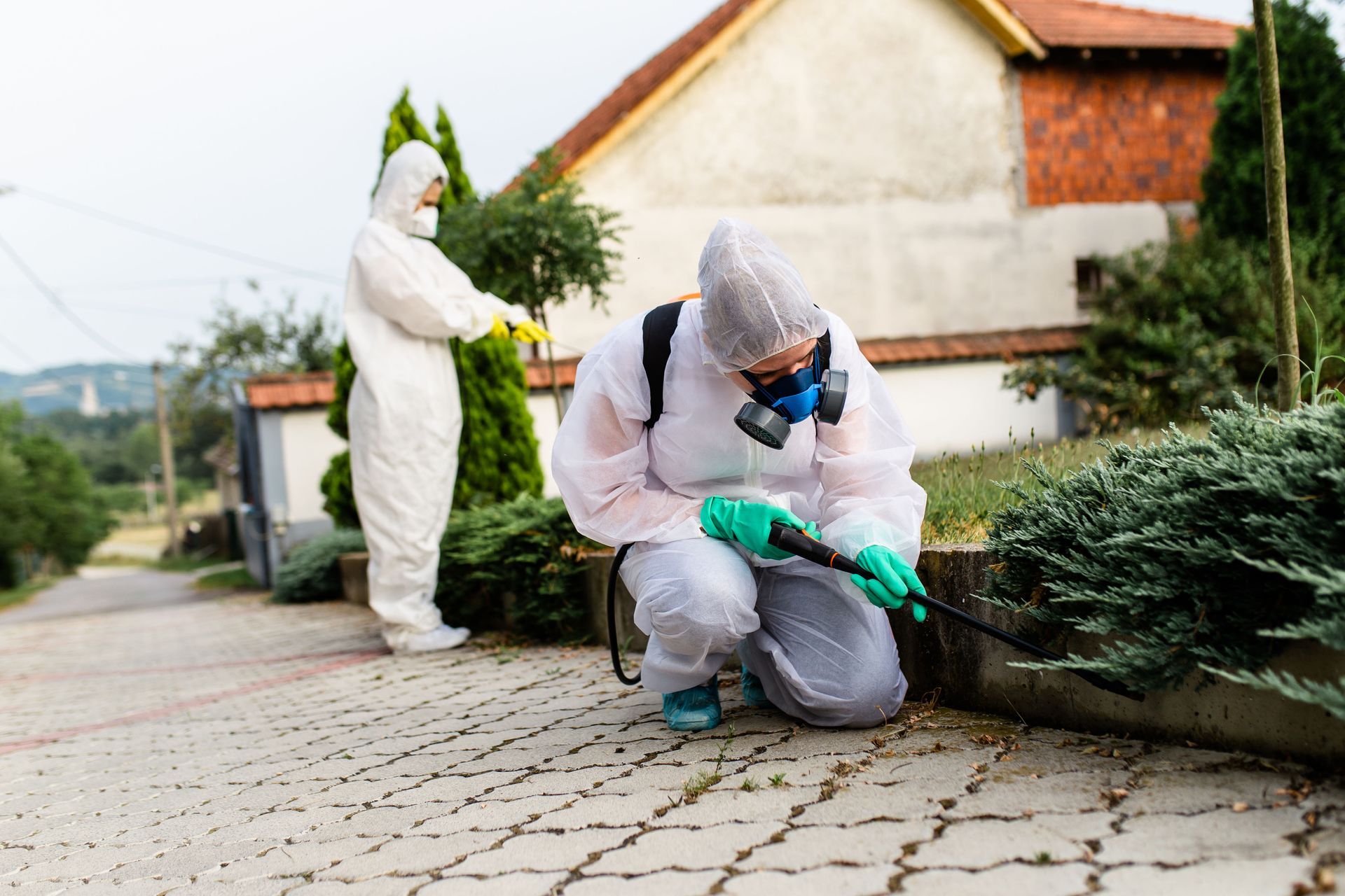 Two workers in white protective suits and masks spraying chemicals on outdoor landscaping near a house.