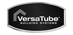VersaTube Building Systems logo. Black background, silver border, white text and building outline.