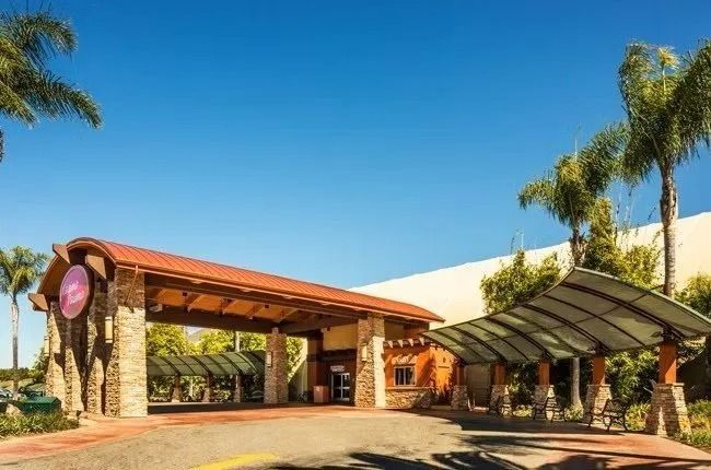 Entrance to a building with a brown roof and stone columns under a blue sky, flanked by palm trees.