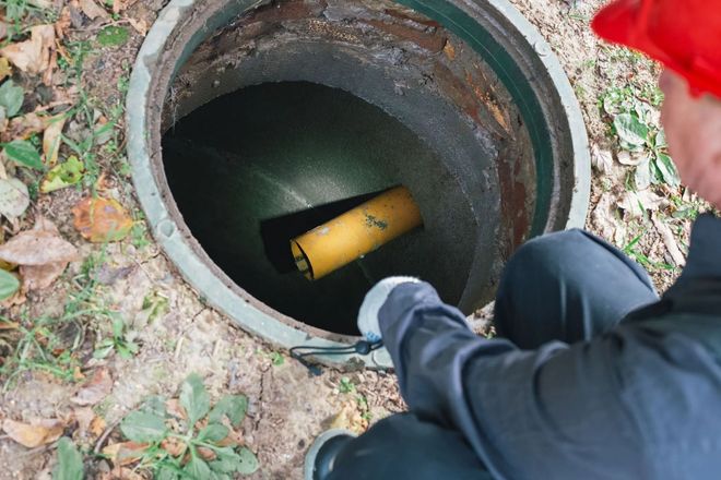 Person inspecting a septic tank; open concrete hatch, black water visible, yellow pipe inside.