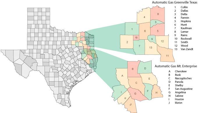 Map of Texas, with zoomed-in views of areas around Greenville and Mt. Enterprise, showing color-coded counties.