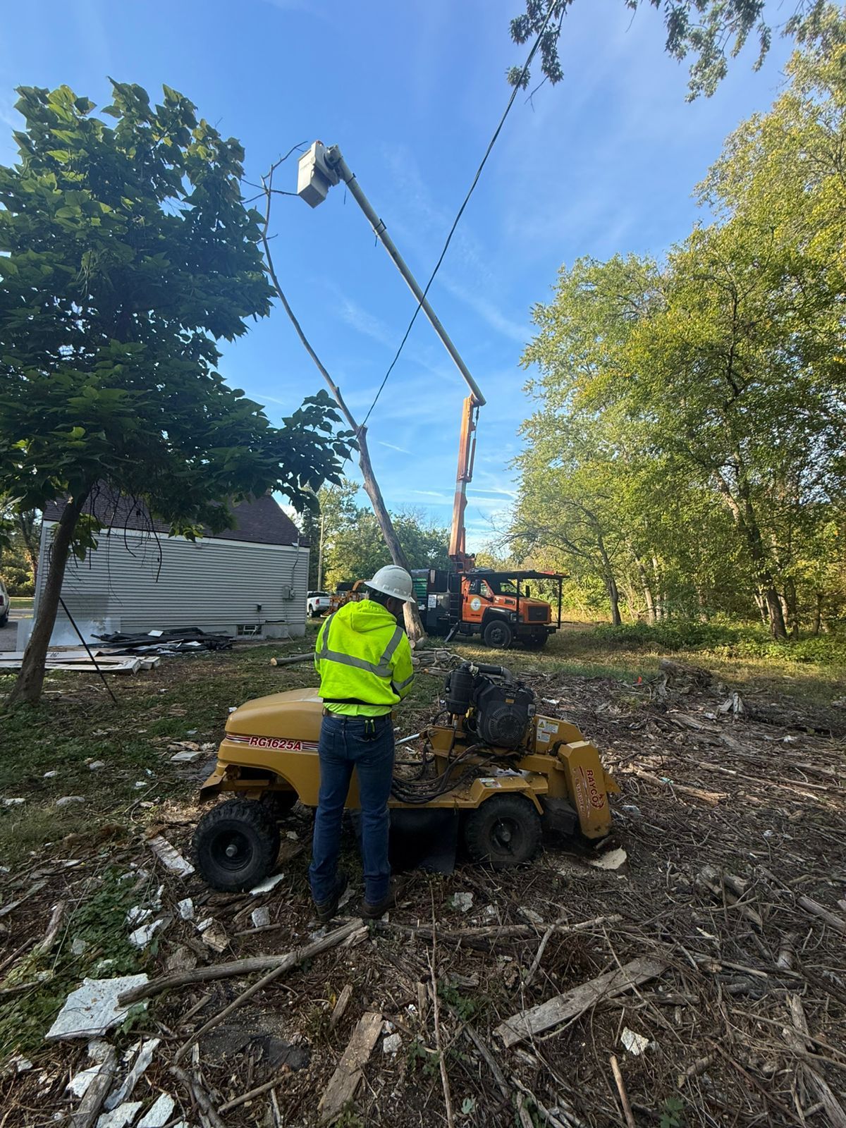 A worker in a high-visibility jacket stands by a yellow stump grinder as a boom lift works on trees in a wooded area.