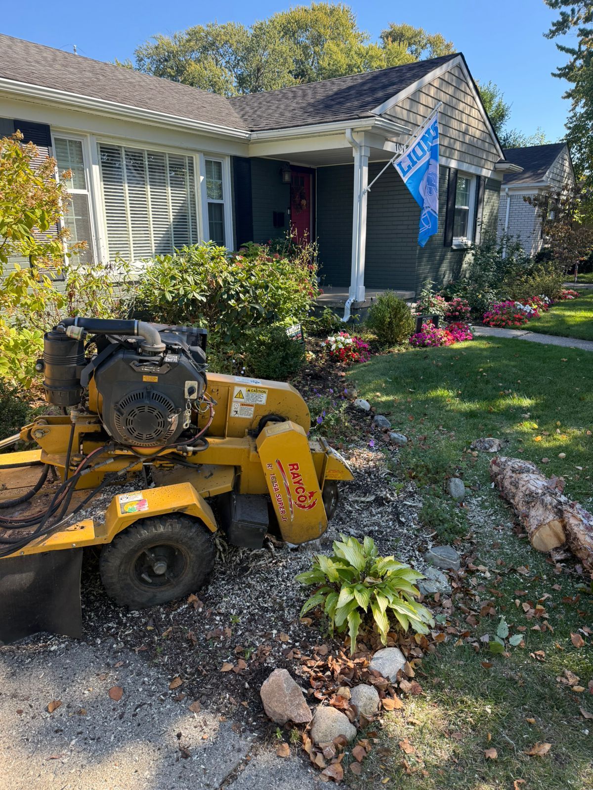 A yellow stump grinder sits in a front yard next to a driveway, with a dark-sided house and landscaping in the background.