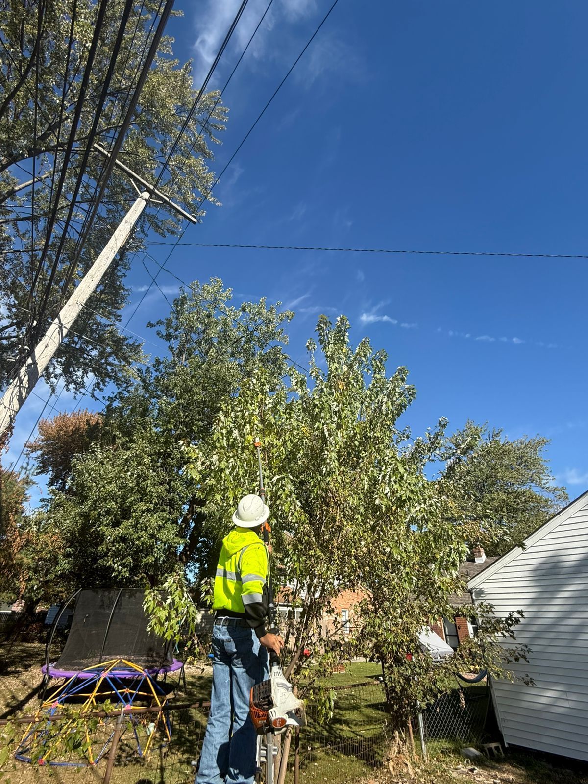 A worker in a high-visibility yellow jacket and hard hat stands in a backyard, pruning branches near overhead power lines.