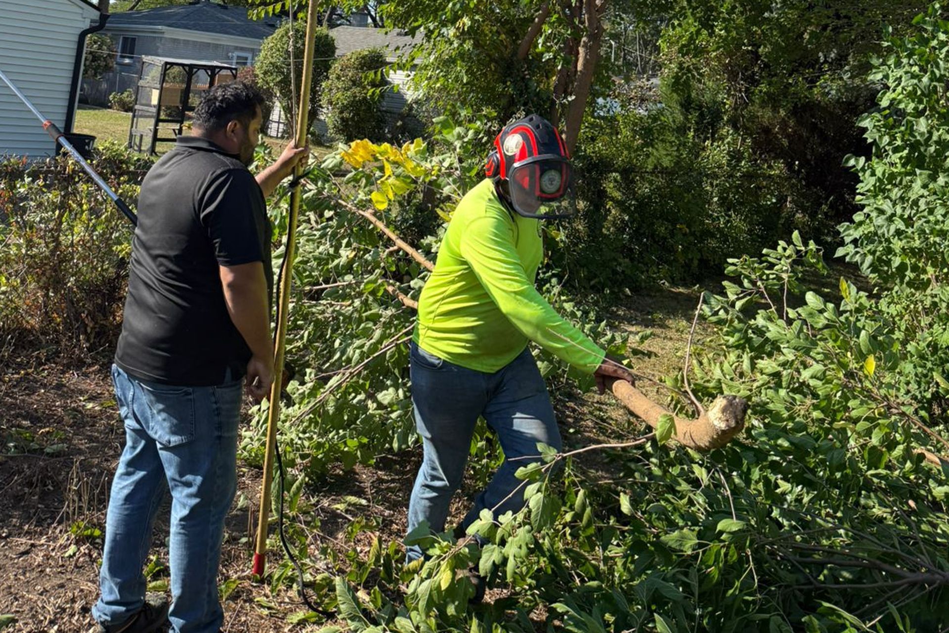 Two people in a yard clearing brush; one wears a lime green long-sleeve shirt and protective face gear.