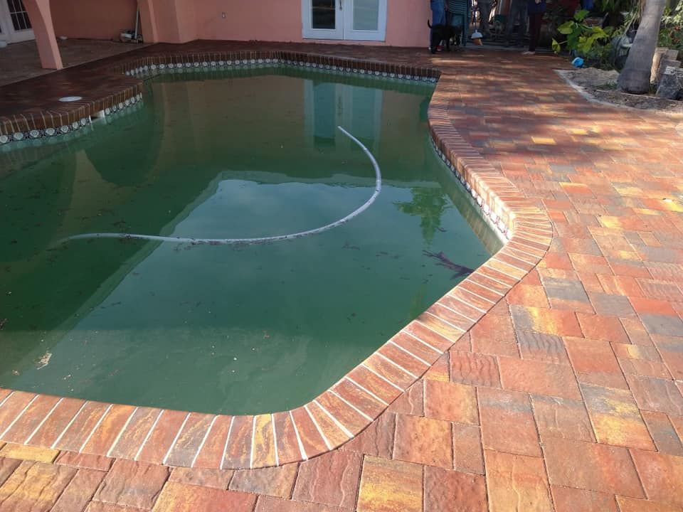 Brick-lined swimming pool with greenish water, surrounded by brick patio. White door and coral-colored walls visible.